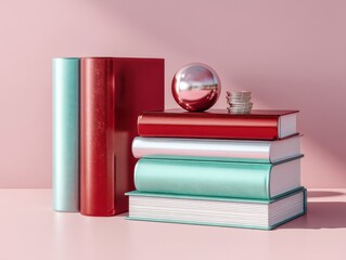 Fototapete - Minimalist Financial Learning Journey Sleek Scholarship Concept with Color-Coded Academic Textbooks, Metallic Globe, and Investment Coins - Empowering Educational Funding Strategies