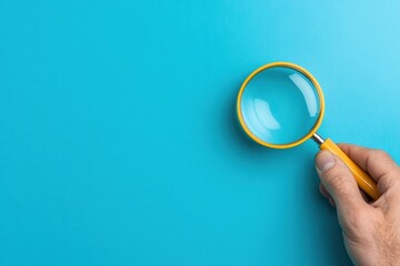 Aufkleber - Minimalist Quality Assurance Sleek Magnifying Glass on Vibrant Azure Background - Digital Verification and Professional Inspection Insights for Modern Business Intelligence