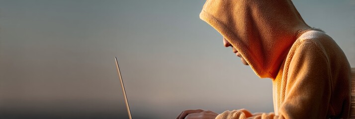 Aufkleber - Cyber Enigma Anonymous Tech Professional in Golden Hour Minimalism - Next-Gen Digital Security Narrative Exploring Remote Work and Cybersecurity Resilience