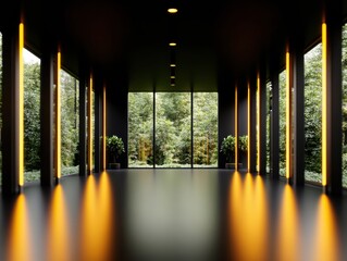 Poster - Minimalist Architectural Illumination Biophilic Design Sanctuary with Golden Light Vectors, Immersive Nature-Integrated Performance Space Highlighting Spatial Harmony