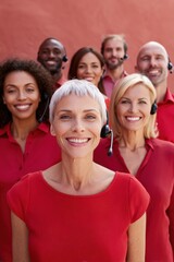 Poster - Empowered Workforce Diversity Dynamic Multi-Generational Customer Support Team in Bold Red, Showcasing Inclusive Tech Communication and Modern Professional Collaboration
