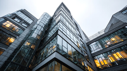 Wall Mural - Modern Glass Office Building at Sunset  dominate the city skyline with their reflective glass facades capturing the surrounding urban environment
