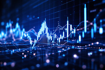 Poster - Abstract financial stock market chart with glowing blue candlestick graph.