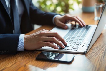 Poster - Businessman's hands typing on laptop keyboard at wooden desk.
