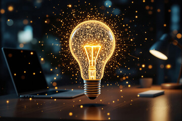 Poster - Glowing digital light bulb with network connections on desk in dark office background.