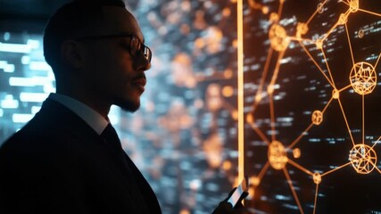Data Analysis: A Businessman Examining Complex Network Data on a Futuristic Screen