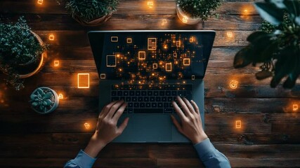 Digital Innovation: Person Working on Laptop with Holographic Interface
