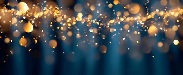 Wall Mural - a captivating display of shimmering golden bokeh lights against a deep blue backdrop, perfect for ad
