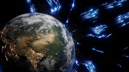 Wall Mural - planet earth with visible south and east asia at night and glowing blue digital arrows in outer spac