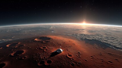 Wall Mural - Capturing a stunning panoramic view of Mars at sunrise, highlighting its rugged terrain and deep craters from a high vantage point in space