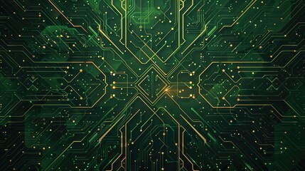Green and yellow digital grid with glowing lines. Futuristic technology background for design and innovation. Digital artwork of glowing light electric circuit or motherboard with green color. AIG51.