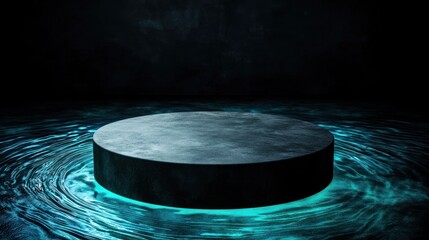 Wall Mural - dark, abstract, round pedestal platform in a rippling water surface with a smoky, moody backdrop. us