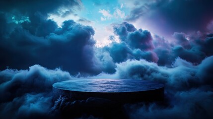 Canvas Print - Dark circular platform on clouds at twilight