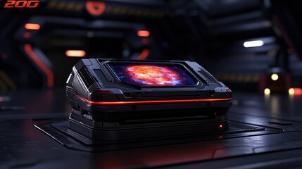 Wall Mural - futuristic device displaying nebula in dark hangar