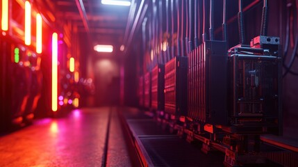 Wall Mural - futuristic server racks in a dimly lit server room with vibrant neon lighting