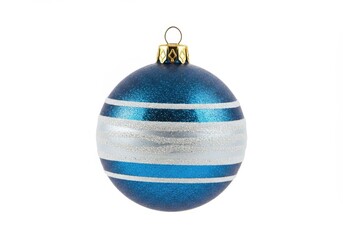 Wall Mural - Blue christmas bauble with silver stripes on white background