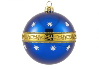 Wall Mural - Blue christmas ornament with gold band and white stars on a white background