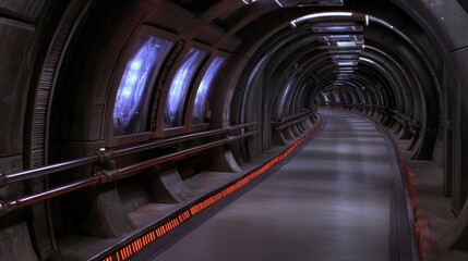 Wall Mural - Futuristic tunnel walkway with glowing screens;  background displays energy patterns.  Possible use Sci-fi movie scene