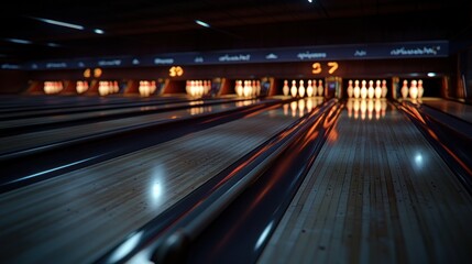 Wall Mural - Bowling alley lanes, night view, pins ready, blurred background
