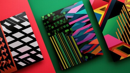 Wall Mural - Colorful graphic design book covers on a red and green background