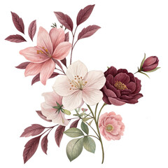 Poster - Beautiful floral arrangement featuring pink and white flowers with lush green and burgundy leaves, creating harmonious and elegant design. Perfect for decorative purposes