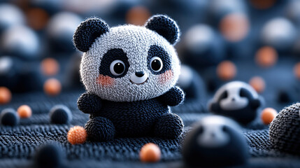Aufkleber - Cute knitted panda toy sits among smaller panda figures on textured surface, creating playful and cozy atmosphere. scene is filled with soft colors and charming details
