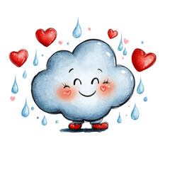 Aufkleber - Cute doodle character of smiling cloud with blush, surrounded by red hearts and blue raindrops, creating cheerful and whimsical atmosphere