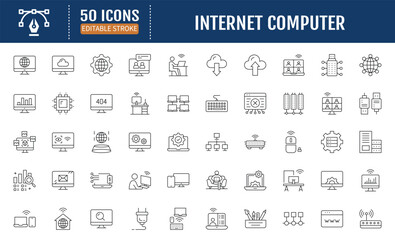 Internet computer line editable icon set. Containing online, computer, network, website, server, web design, hardware, software, programming and more. Vector Illustration