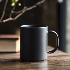 Poster - A minimalist black mug sits on a wooden table, bathed in soft sunlight. A book and some greenery offer a cozy atmosphere.
