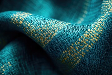 Aufkleber - Close-up of teal fabric with gold woven pattern, showcasing texture and detail.
