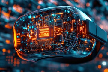 Fototapete - A transparent VR headset reveals its intricate circuit board, glowing with orange and blue light, showcasing advanced technology.
