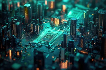 Poster - A futuristic cityscape meticulously crafted on a circuit board, showcasing technological advancement and urban integration.