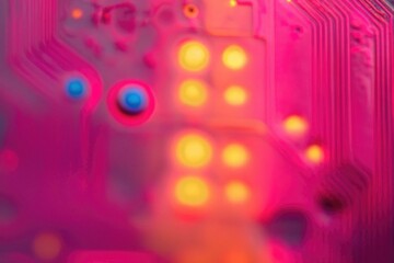 Fototapete - Abstract close-up of a circuit board with vibrant pink and orange hues, showcasing intricate details and glowing components.
