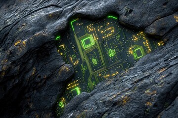 Fototapete - A glowing circuit board is embedded within a dark, rough rock surface, suggesting technological discovery or hidden power.