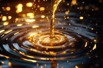 Poster - Golden liquid pouring, creating mesmerizing concentric ripples and sparkling droplets.