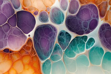 Poster - Abstract artwork featuring interconnected, organic shapes in shades of purple, teal, and orange, resembling a microscopic view of cells or a fluid network.