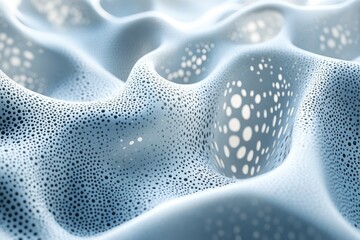 Aufkleber - Abstract 3D rendering of a light blue undulating surface with a pattern of small holes, creating a textured and porous effect.