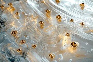 Poster - Abstract close-up of a circuit board with gold connectors and flowing lines, showcasing intricate design and technological detail.