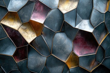 Poster - Abstract metallic background with gold, grey and burgundy polygonal shapes.