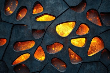 Poster - Abstract dark gray stone wall with glowing orange irregular holes.  Modern, textured design.