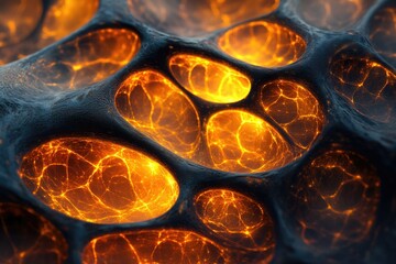 Fototapete - Abstract image depicting a dark, porous substance glowing with fiery orange veins, resembling molten lava or a celestial nebula.