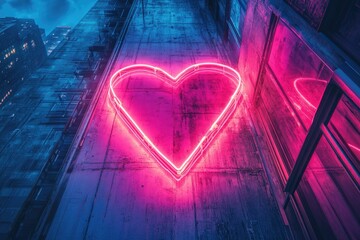 Aufkleber - Neon heart sign glowing brightly on a city building at night.
