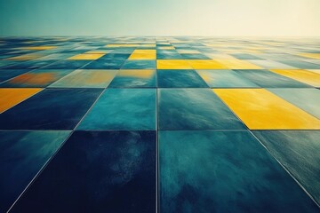 Aufkleber - A vast expanse of teal and gold square tiles receding into the distance, creating a dynamic perspective.