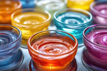 Poster - Colorful glass bowls filled with vibrant, swirling liquids, creating a mesmerizing visual effect.