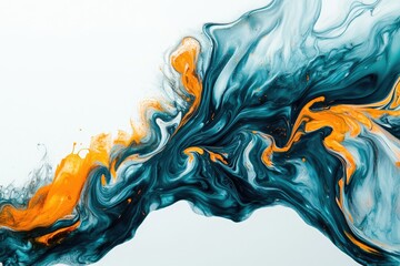 Poster - Abstract fluid art painting with teal and orange swirls on white background.