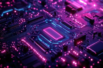 Leinwandbilder - Close-up of a vibrant circuit board with glowing pink and blue accents, showcasing intricate technological design.