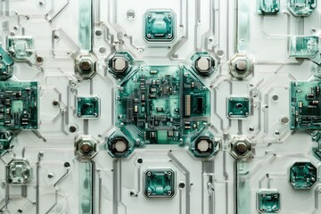 Leinwandbilder - A complex, intricate circuit board with teal components and translucent casing, showcasing advanced technology.