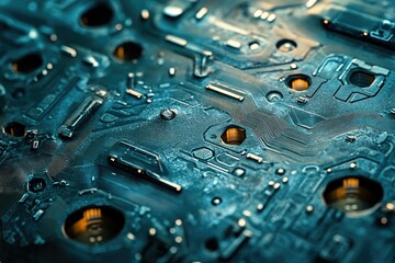 Leinwandbilder - Close-up of a circuit board's intricate pathways and components, showcasing technological detail.