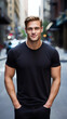 © karthikeya kamath - Confident Young Man in Black T-Shirt Against Urban Brick Wall Fashion Portrait