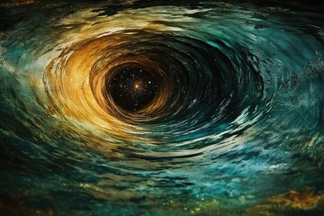 Aufkleber - A swirling vortex of teal and gold reveals a distant starry expanse, cosmic tunnel.